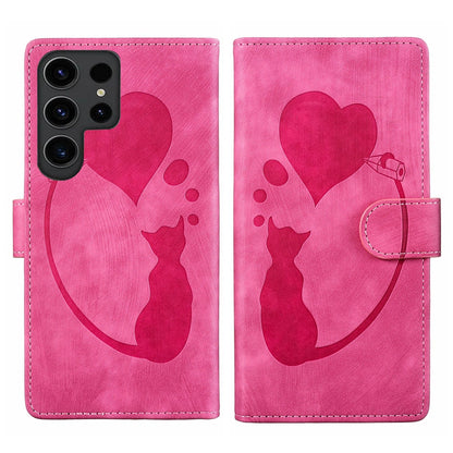 Samsung Galaxy S24 Ultra 5G Heart & Cat Embossed Multi-Functional Pen Leather Wallet Phone Case with Stand and Card Slots