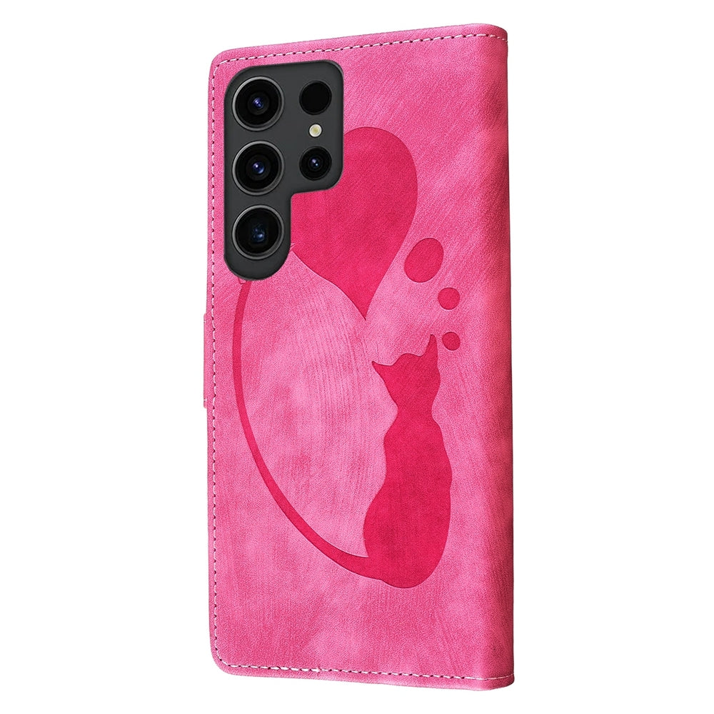 Samsung Galaxy S24 Ultra 5G Heart & Cat Embossed Multi-Functional Pen Leather Wallet Phone Case with Stand and Card Slots