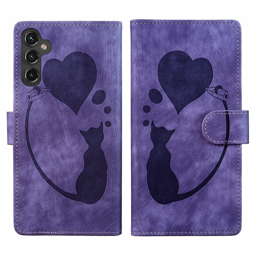 Samsung Galaxy S24+ 5G Heart & Cat Embossed Multi-Functional Pen Leather Wallet Phone Case with Stand and Card Slots