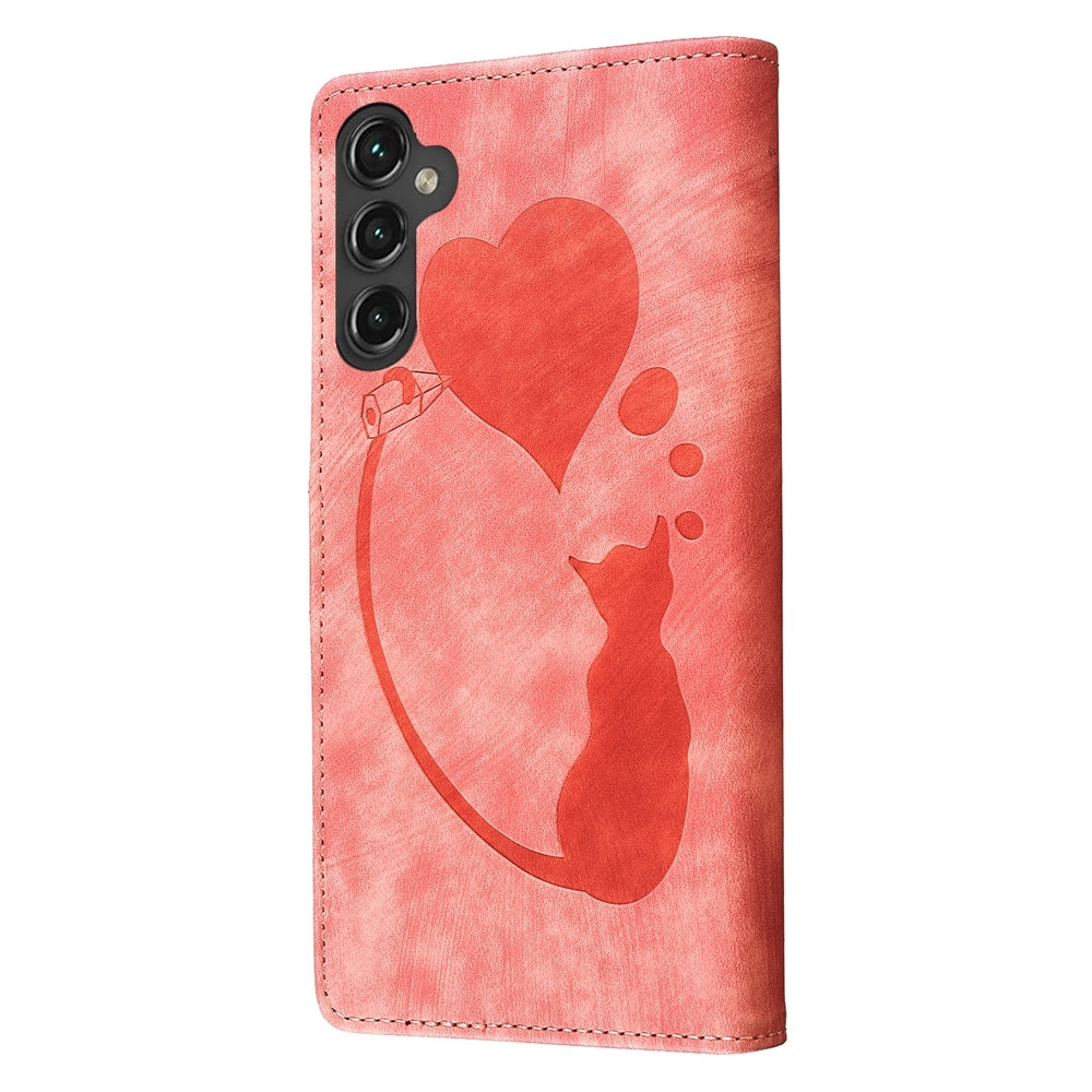 Samsung Galaxy S24 5G Heart & Cat Embossed Multi-Functional Pen Leather Wallet Phone Case with Stand and Card Slots