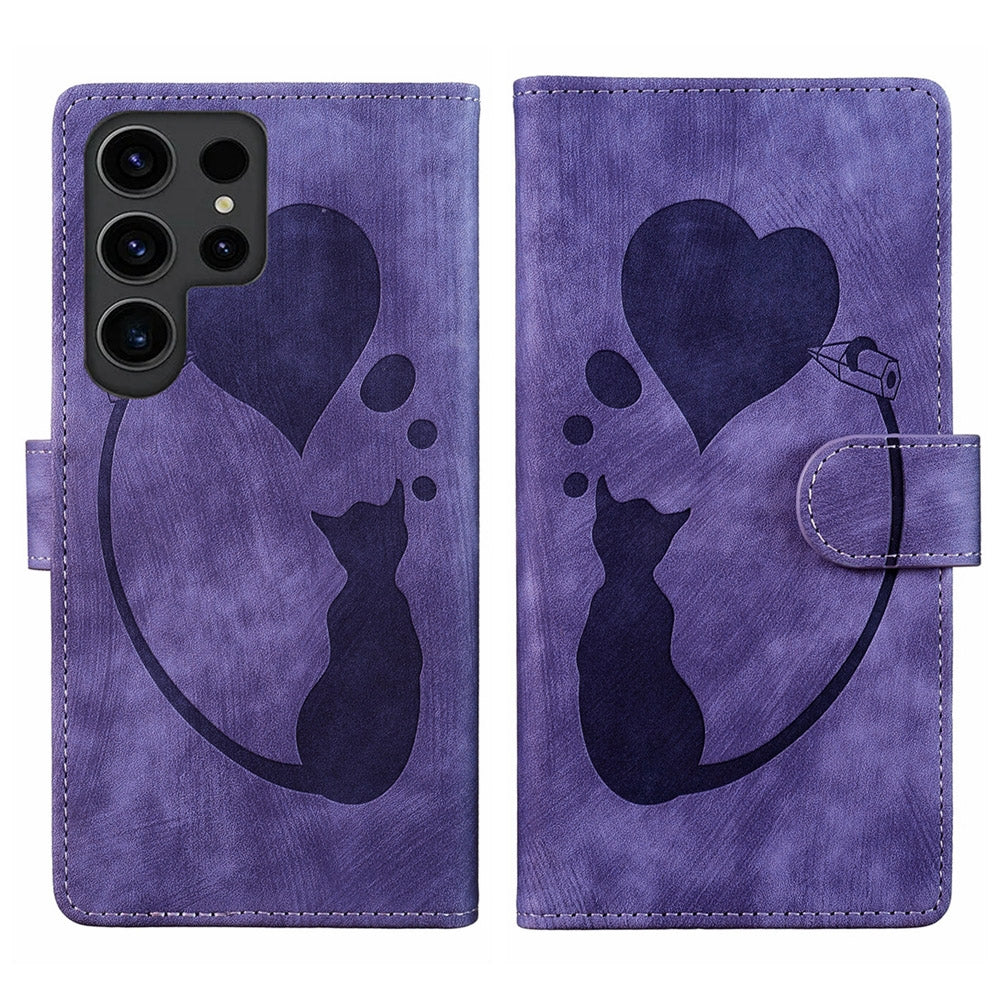 Samsung Galaxy S23 Ultra 5G Heart & Cat Embossed Multi-Functional Pen Leather Wallet Phone Case with Stand and Card Slots