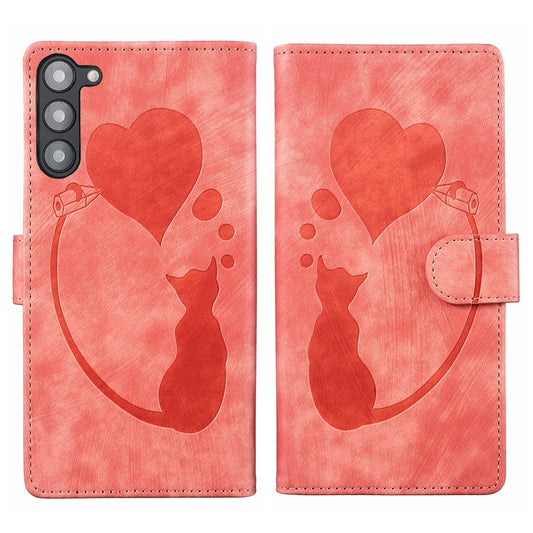 Samsung Galaxy S23+ 5G Heart & Cat Embossed Multi-Functional Pen Leather Wallet Phone Case with Stand and Card Slots