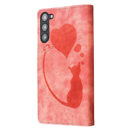 Samsung Galaxy S23+ 5G Heart & Cat Embossed Multi-Functional Pen Leather Wallet Phone Case with Stand and Card Slots