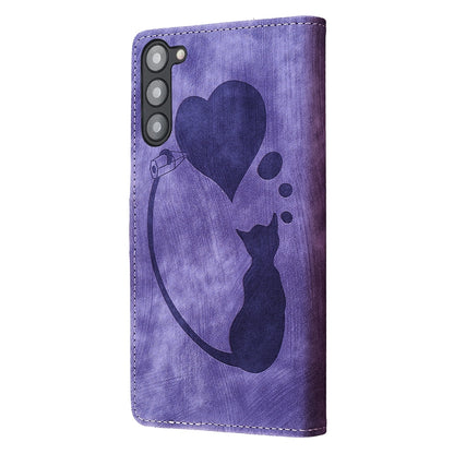 Samsung Galaxy S23+ 5G Heart & Cat Embossed Multi-Functional Pen Leather Wallet Phone Case with Stand and Card Slots