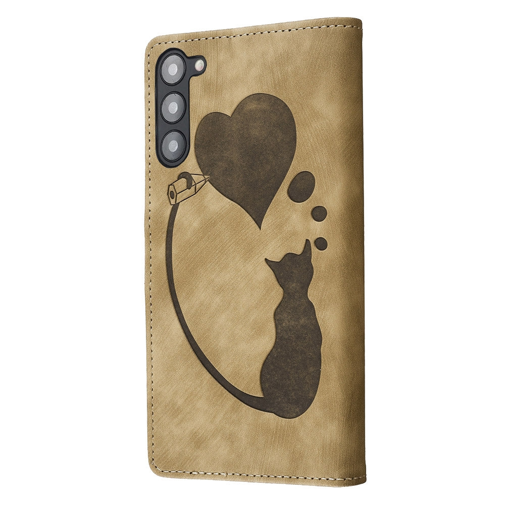 Samsung Galaxy S23+ 5G Heart & Cat Embossed Multi-Functional Pen Leather Wallet Phone Case with Stand and Card Slots