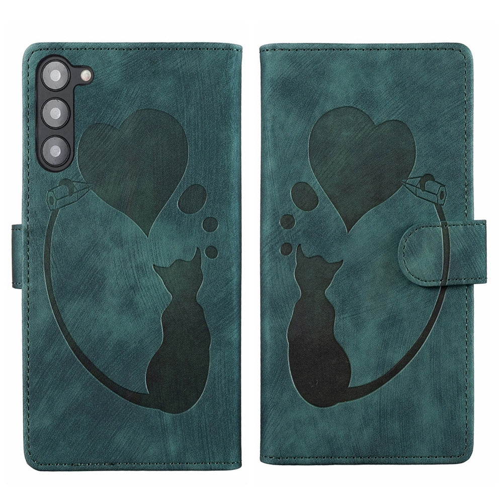 Samsung Galaxy S23+ 5G Heart & Cat Embossed Multi-Functional Pen Leather Wallet Phone Case with Stand and Card Slots