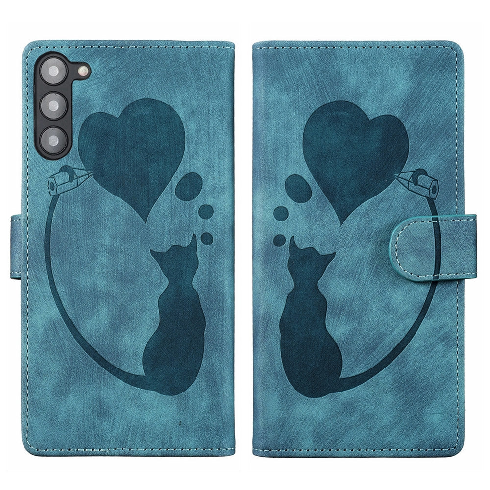 Samsung Galaxy S23+ 5G Heart & Cat Embossed Multi-Functional Pen Leather Wallet Phone Case with Stand and Card Slots