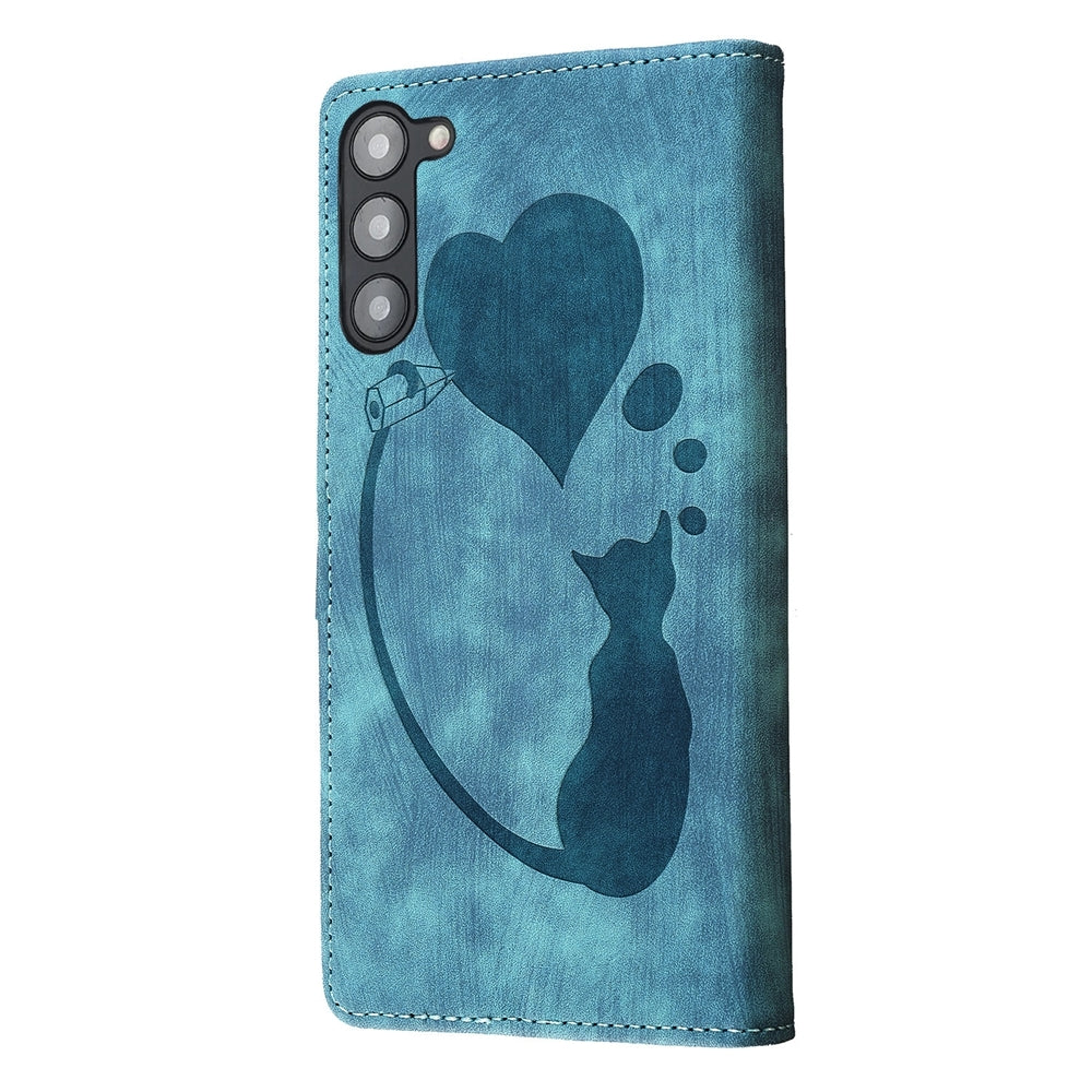 Samsung Galaxy S23+ 5G Heart & Cat Embossed Multi-Functional Pen Leather Wallet Phone Case with Stand and Card Slots