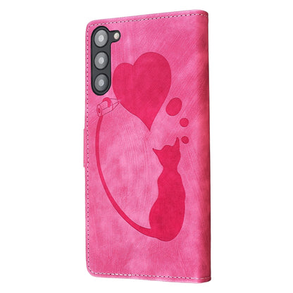 Samsung Galaxy S23+ 5G Heart & Cat Embossed Multi-Functional Pen Leather Wallet Phone Case with Stand and Card Slots