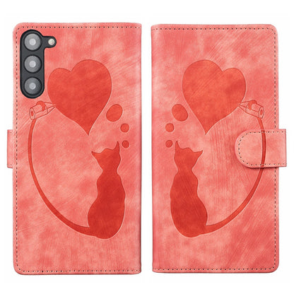 Samsung Galaxy S23 5G Heart & Cat Embossed Multi-Functional Pen Leather Wallet Phone Case with Stand and Card Slots