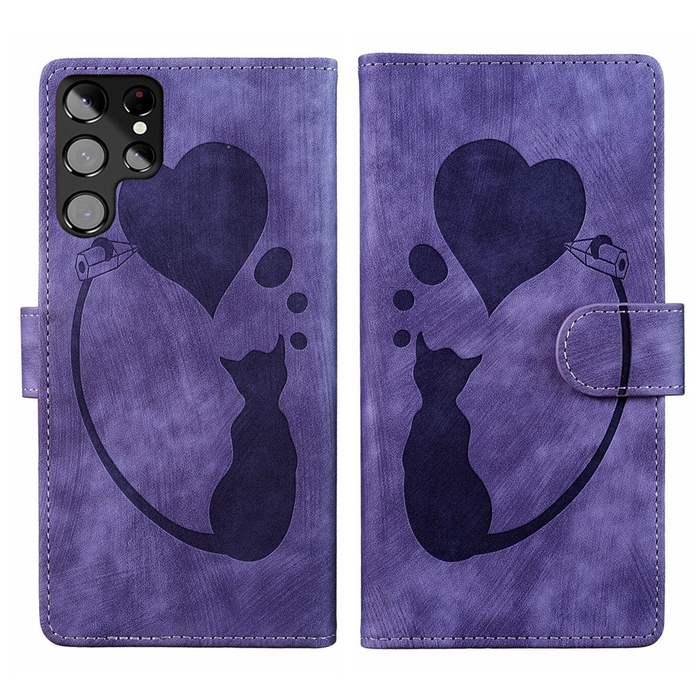 Samsung Galaxy S22 Ultra 5G Heart & Cat Embossed Multi-Functional Pen Leather Wallet Phone Case with Stand and Card Slots