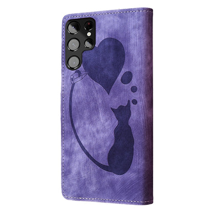 Samsung Galaxy S22 Ultra 5G Heart & Cat Embossed Multi-Functional Pen Leather Wallet Phone Case with Stand and Card Slots