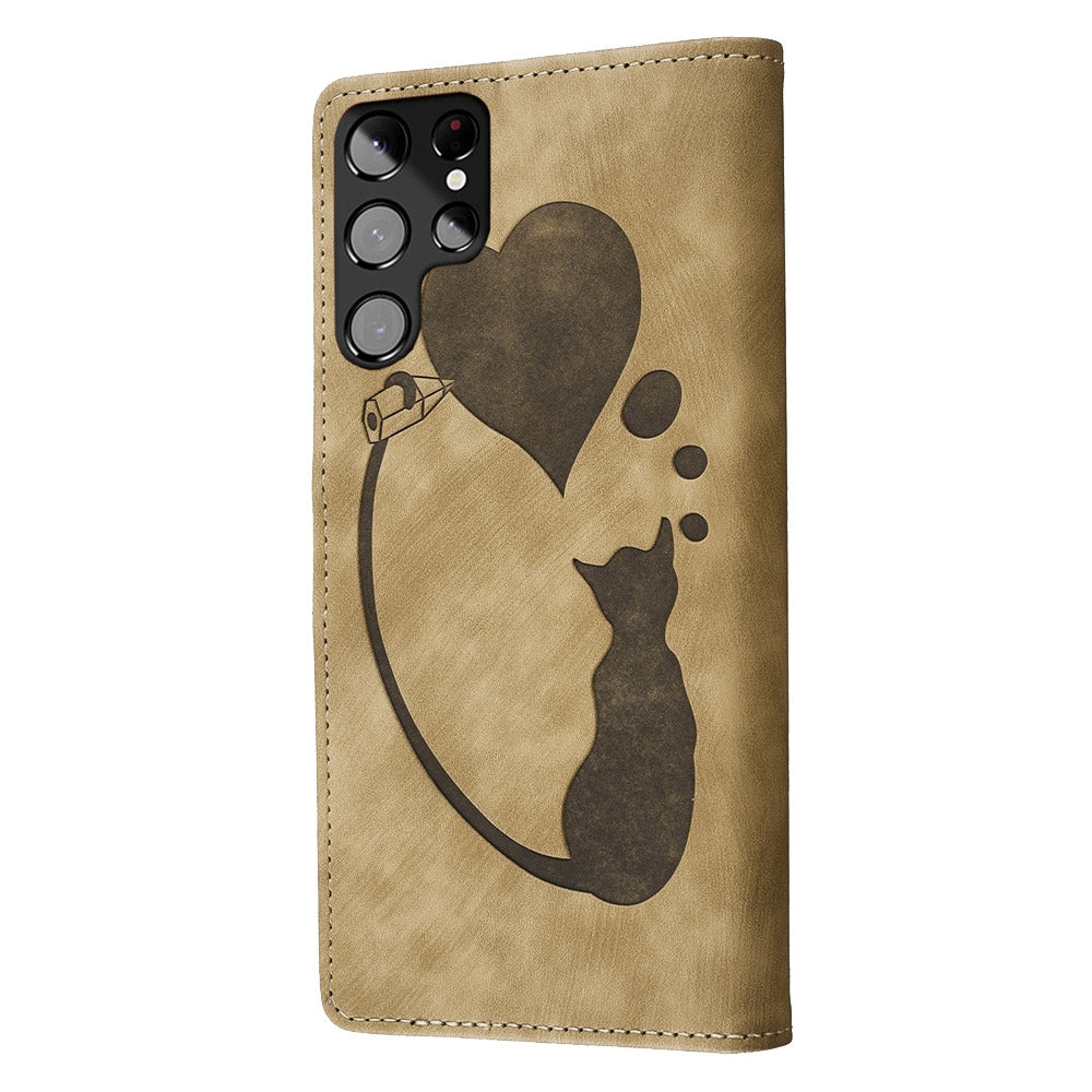 Samsung Galaxy S22 Ultra 5G Heart & Cat Embossed Multi-Functional Pen Leather Wallet Phone Case with Stand and Card Slots