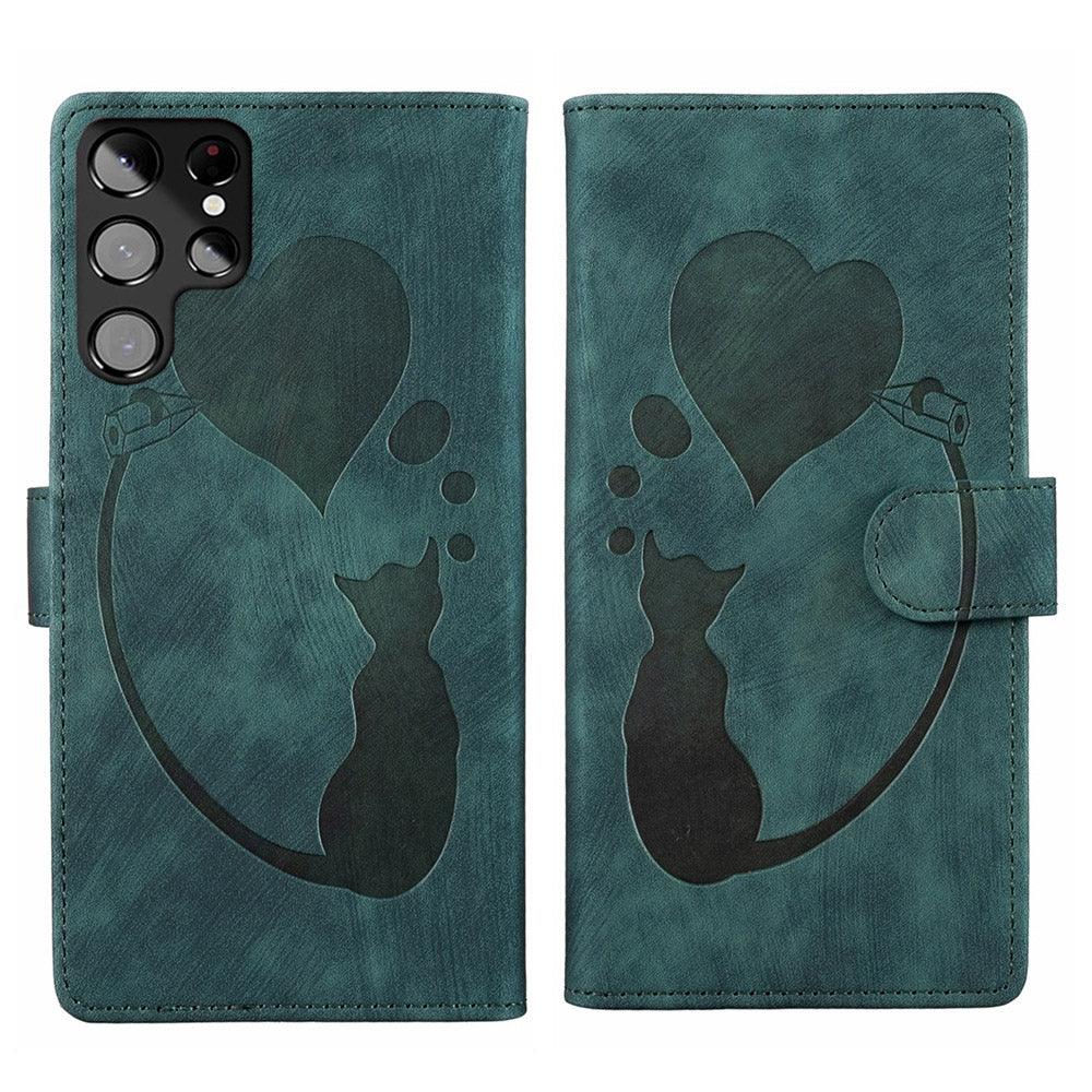 Samsung Galaxy S22 Ultra 5G Heart & Cat Embossed Multi-Functional Pen Leather Wallet Phone Case with Stand and Card Slots