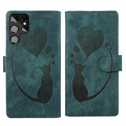 Samsung Galaxy S22 Ultra 5G Heart & Cat Embossed Multi-Functional Pen Leather Wallet Phone Case with Stand and Card Slots