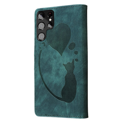 Samsung Galaxy S22 Ultra 5G Heart & Cat Embossed Multi-Functional Pen Leather Wallet Phone Case with Stand and Card Slots