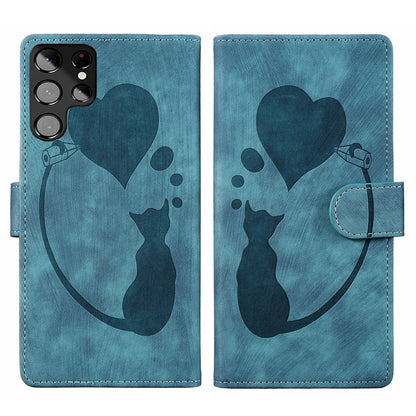 Samsung Galaxy S22 Ultra 5G Heart & Cat Embossed Multi-Functional Pen Leather Wallet Phone Case with Stand and Card Slots