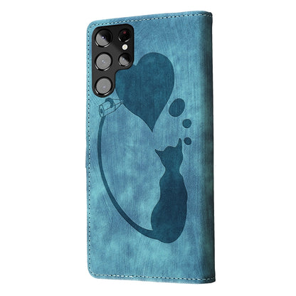 Samsung Galaxy S22 Ultra 5G Heart & Cat Embossed Multi-Functional Pen Leather Wallet Phone Case with Stand and Card Slots