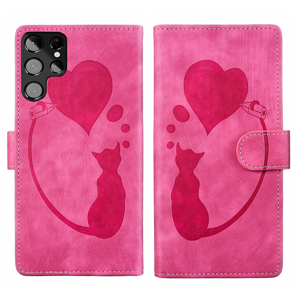 Samsung Galaxy S22 Ultra 5G Heart & Cat Embossed Multi-Functional Pen Leather Wallet Phone Case with Stand and Card Slots