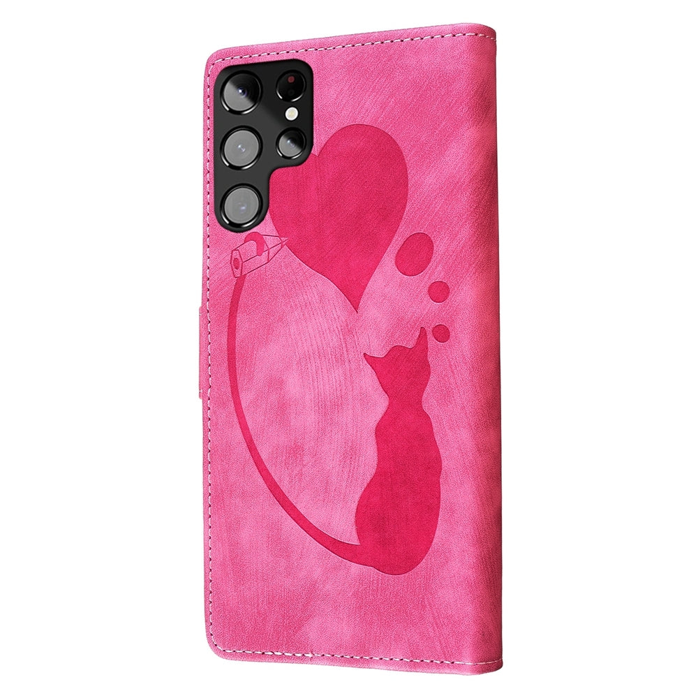 Samsung Galaxy S22 Ultra 5G Heart & Cat Embossed Multi-Functional Pen Leather Wallet Phone Case with Stand and Card Slots