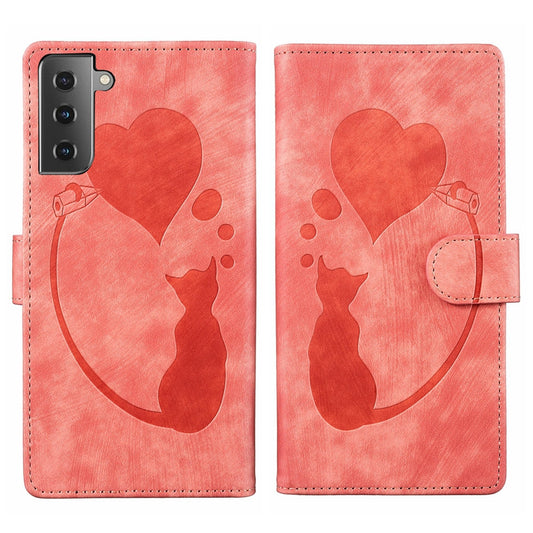 Samsung Galaxy S22+ 5G Heart & Cat Embossed Multi-Functional Pen Leather Wallet Phone Case with Stand and Card Slots