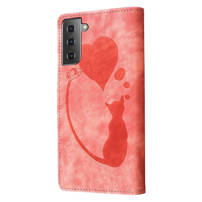 Samsung Galaxy S22+ 5G Heart & Cat Embossed Multi-Functional Pen Leather Wallet Phone Case with Stand and Card Slots