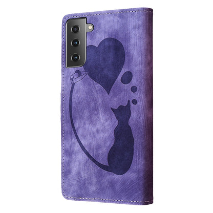 Samsung Galaxy S22+ 5G Heart & Cat Embossed Multi-Functional Pen Leather Wallet Phone Case with Stand and Card Slots