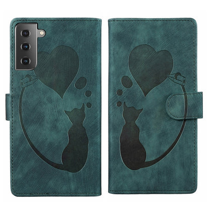 Samsung Galaxy S22+ 5G Heart & Cat Embossed Multi-Functional Pen Leather Wallet Phone Case with Stand and Card Slots