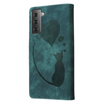 Samsung Galaxy S22+ 5G Heart & Cat Embossed Multi-Functional Pen Leather Wallet Phone Case with Stand and Card Slots