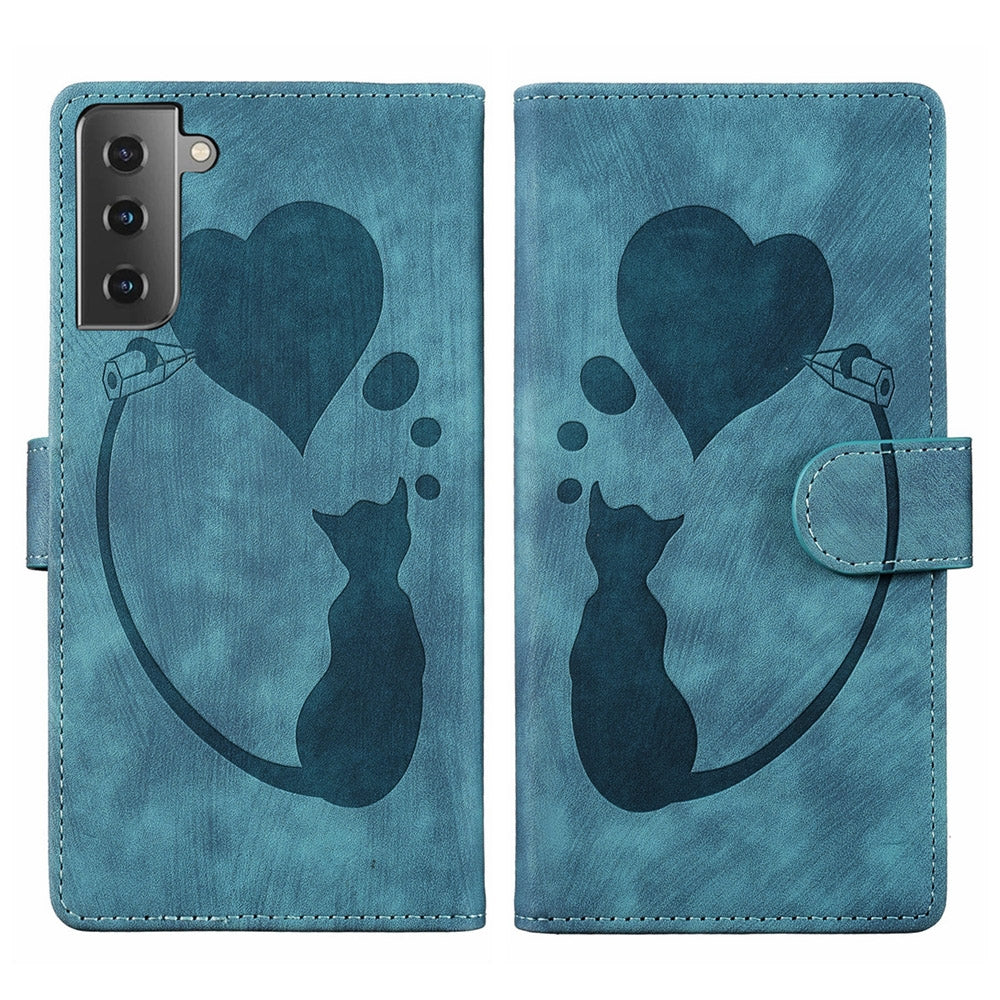 Samsung Galaxy S22+ 5G Heart & Cat Embossed Multi-Functional Pen Leather Wallet Phone Case with Stand and Card Slots