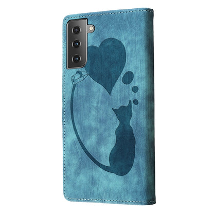 Samsung Galaxy S22+ 5G Heart & Cat Embossed Multi-Functional Pen Leather Wallet Phone Case with Stand and Card Slots