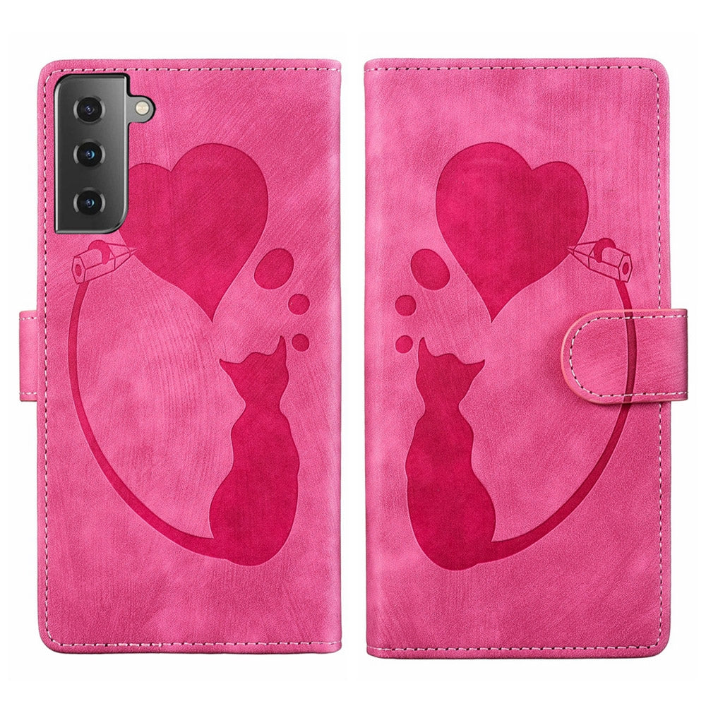 Samsung Galaxy S22+ 5G Heart & Cat Embossed Multi-Functional Pen Leather Wallet Phone Case with Stand and Card Slots