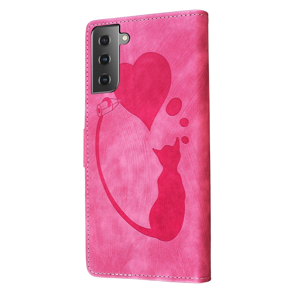 Samsung Galaxy S22+ 5G Heart & Cat Embossed Multi-Functional Pen Leather Wallet Phone Case with Stand and Card Slots