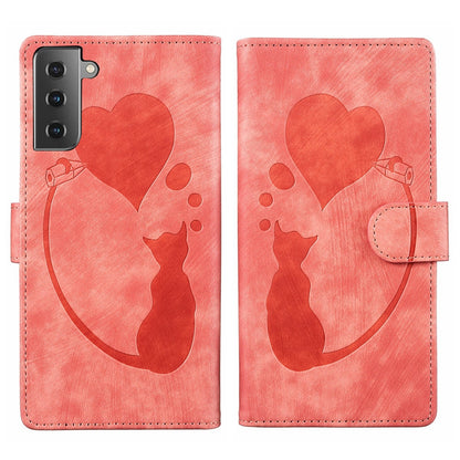 Samsung Galaxy S22 5G Heart & Cat Embossed Multi-Functional Pen Leather Wallet Phone Case with Stand and Card Slots