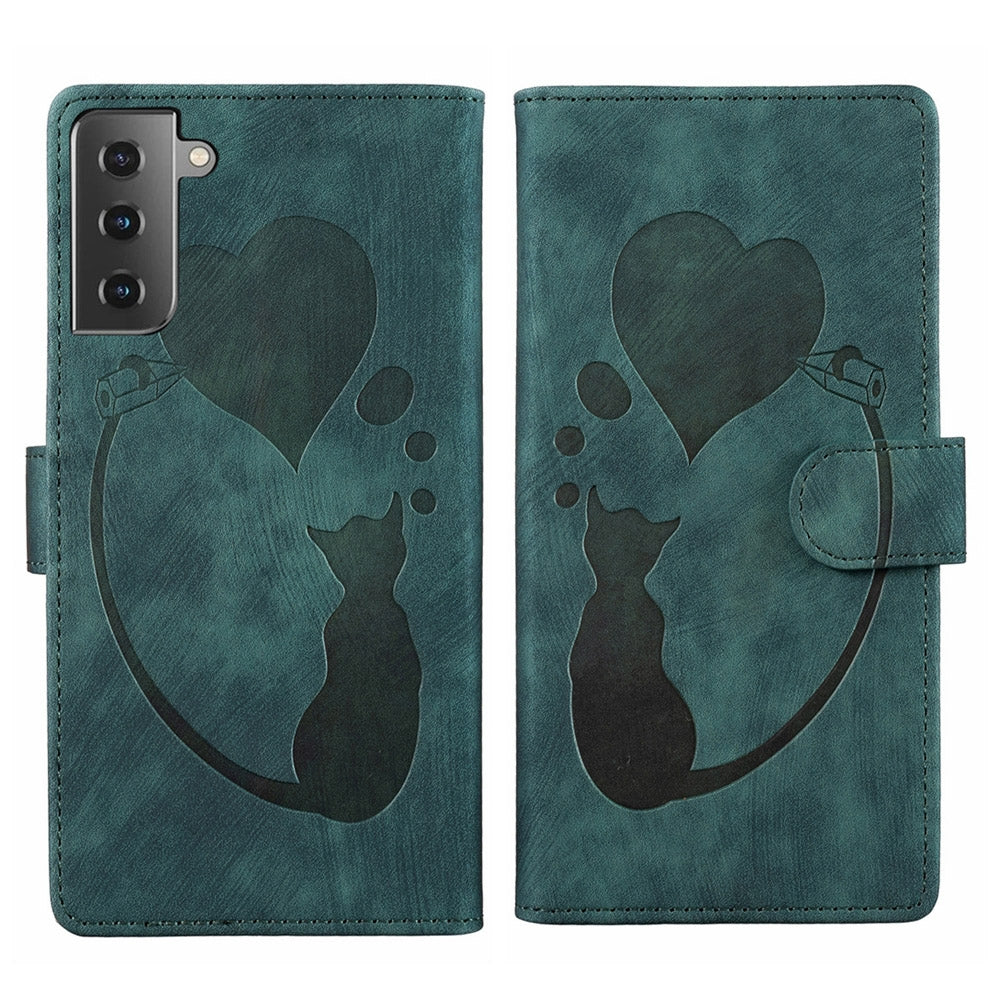 Samsung Galaxy S22 5G Heart & Cat Embossed Multi-Functional Pen Leather Wallet Phone Case with Stand and Card Slots