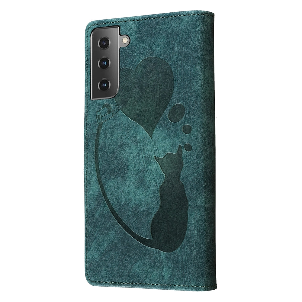 Samsung Galaxy S22 5G Heart & Cat Embossed Multi-Functional Pen Leather Wallet Phone Case with Stand and Card Slots