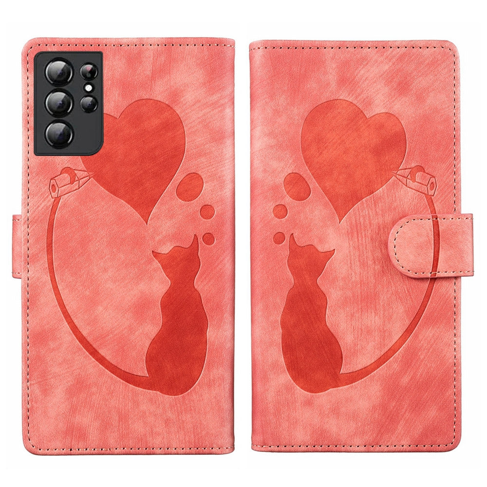 Samsung Galaxy S21 Ultra 5G Heart & Cat Embossed Multi-Functional Pen Leather Wallet Phone Case with Stand and Card Slots