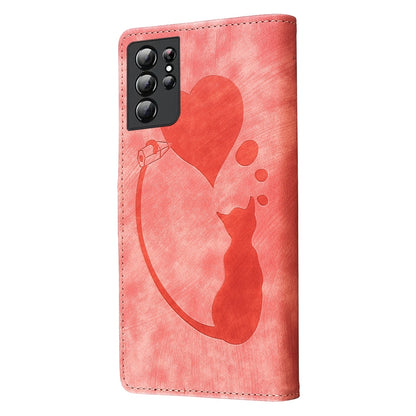 Samsung Galaxy S21 Ultra 5G Heart & Cat Embossed Multi-Functional Pen Leather Wallet Phone Case with Stand and Card Slots