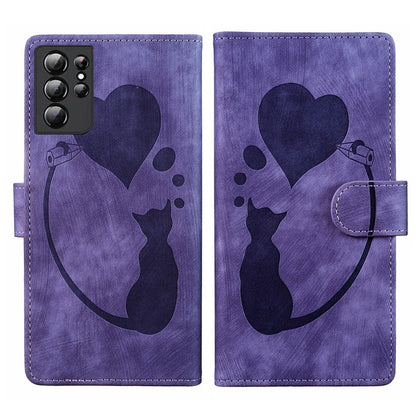 Samsung Galaxy S21 Ultra 5G Heart & Cat Embossed Multi-Functional Pen Leather Wallet Phone Case with Stand and Card Slots