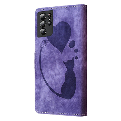 Samsung Galaxy S21 Ultra 5G Heart & Cat Embossed Multi-Functional Pen Leather Wallet Phone Case with Stand and Card Slots