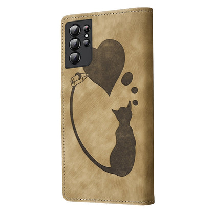 Samsung Galaxy S21 Ultra 5G Heart & Cat Embossed Multi-Functional Pen Leather Wallet Phone Case with Stand and Card Slots