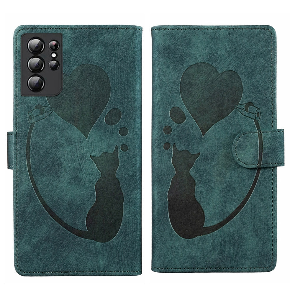 Samsung Galaxy S21 Ultra 5G Heart & Cat Embossed Multi-Functional Pen Leather Wallet Phone Case with Stand and Card Slots