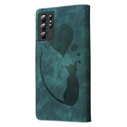 Samsung Galaxy S21 Ultra 5G Heart & Cat Embossed Multi-Functional Pen Leather Wallet Phone Case with Stand and Card Slots