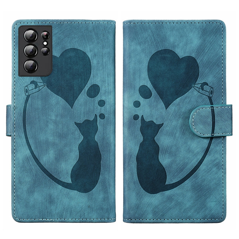 Samsung Galaxy S21 Ultra 5G Heart & Cat Embossed Multi-Functional Pen Leather Wallet Phone Case with Stand and Card Slots