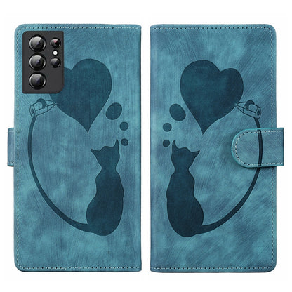 Samsung Galaxy S21 Ultra 5G Heart & Cat Embossed Multi-Functional Pen Leather Wallet Phone Case with Stand and Card Slots