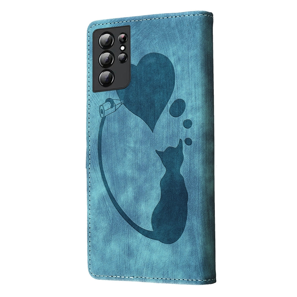 Samsung Galaxy S21 Ultra 5G Heart & Cat Embossed Multi-Functional Pen Leather Wallet Phone Case with Stand and Card Slots