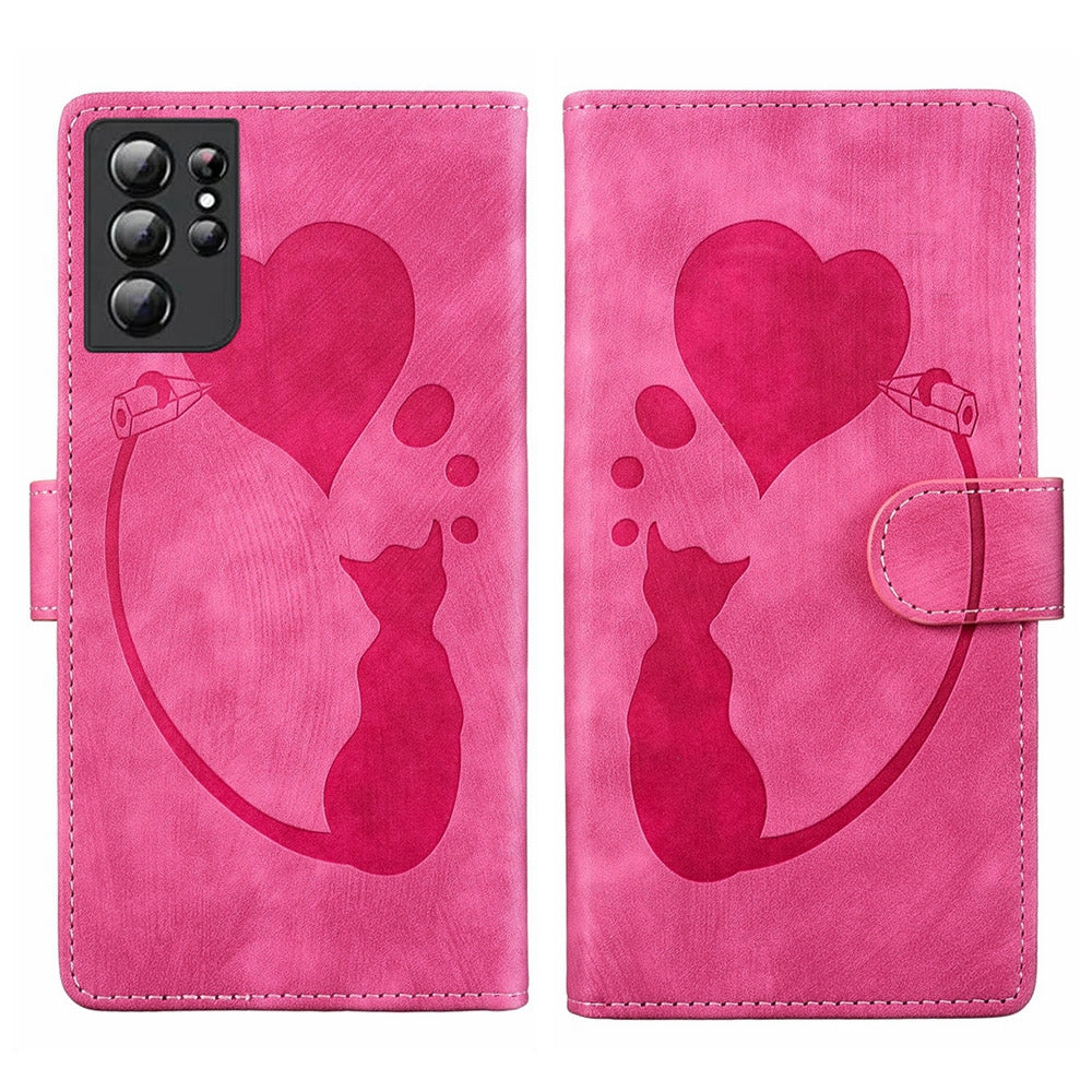 Samsung Galaxy S21 Ultra 5G Heart & Cat Embossed Multi-Functional Pen Leather Wallet Phone Case with Stand and Card Slots