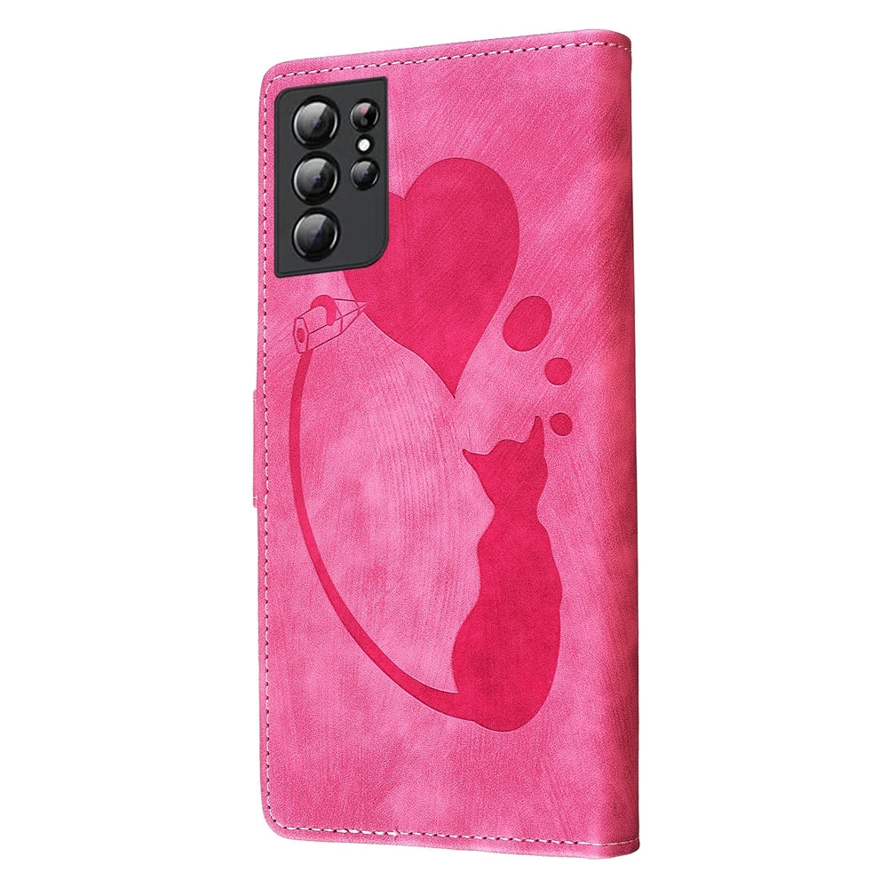 Samsung Galaxy S21 Ultra 5G Heart & Cat Embossed Multi-Functional Pen Leather Wallet Phone Case with Stand and Card Slots