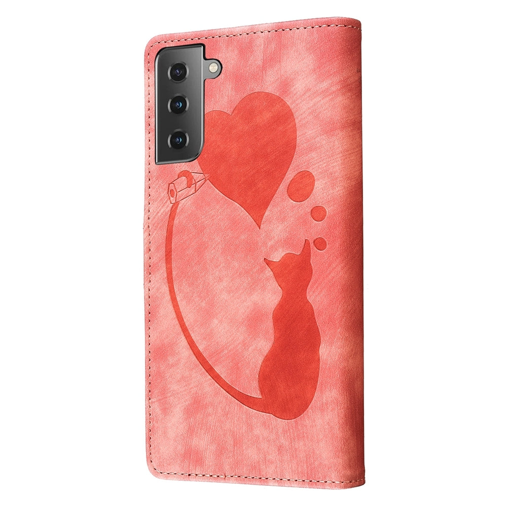 Samsung Galaxy S21+ 5G Heart & Cat Embossed Multi-Functional Pen Leather Wallet Phone Case with Stand and Card Slots