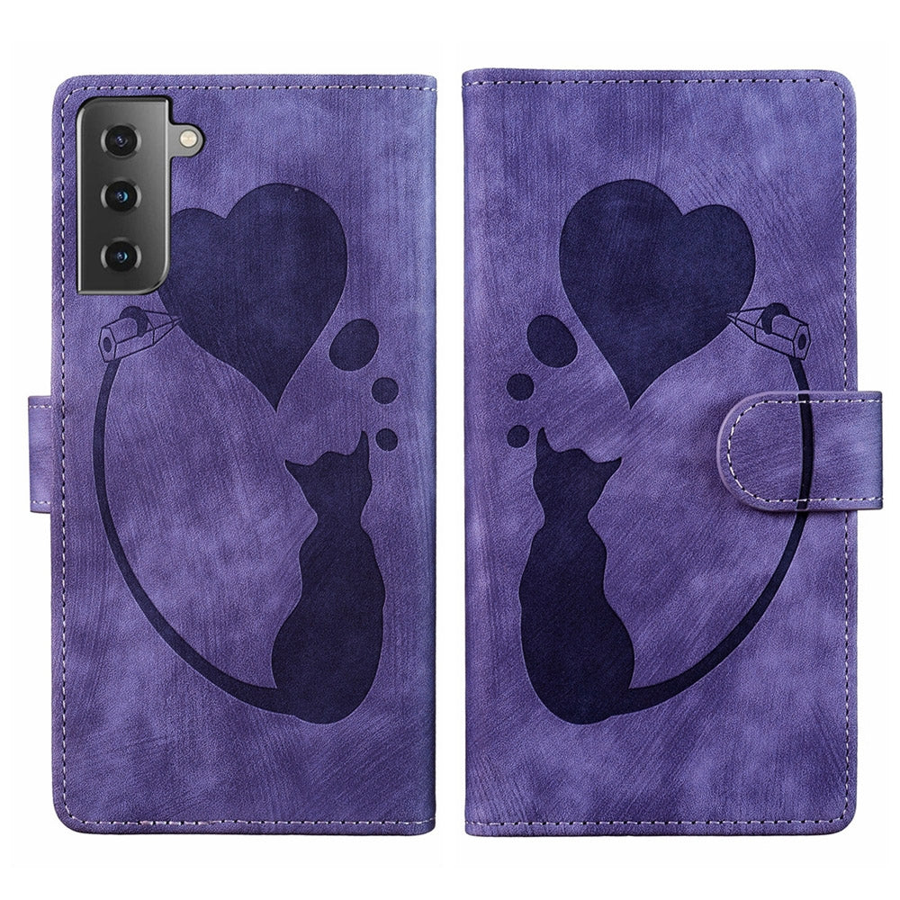 Samsung Galaxy S21 5G Heart & Cat Embossed Multi-Functional Pen Leather Wallet Phone Case with Stand and Card Slots